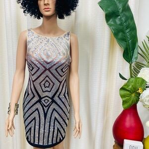 BEBE Elegant Silver and Dark Chocolate Geometric Sequins Dress